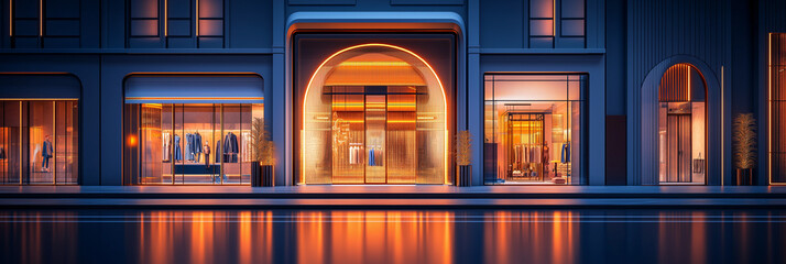 Obraz premium A modern storefront with glowing arches and large windows at night.