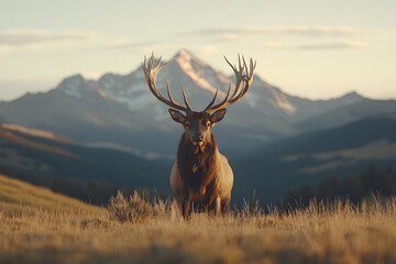 A majestic bull elk stands prominently in a grassy meadow, it’s impressive antlers reaching skyward, exuding power and grace in the heart of nature