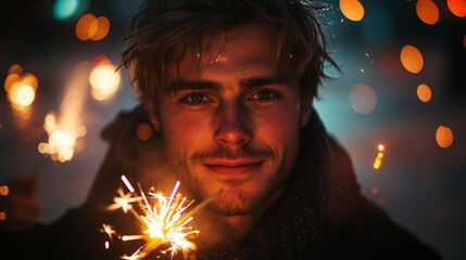 A young man joyfully celebrating with sparklers on a festive night, creating magical moments amidst soft bokeh lights - Powered by Adobe