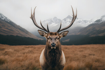 Fototapeta premium A majestic bull elk stands prominently in a grassy meadow, it’s impressive antlers reaching skyward, exuding power and grace in the heart of nature