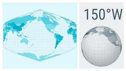 World Map Animation. Baker Dinomic projection. Colored countries style. Animated world map in Baker projection. Loopable animation showing longitude shift and matching globe.