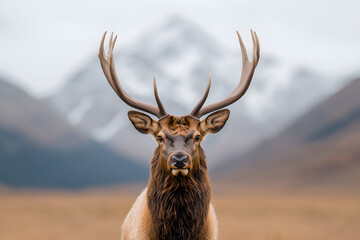 Fototapeta premium A majestic bull elk stands prominently in a grassy meadow, it’s impressive antlers reaching skyward, exuding power and grace in the heart of nature