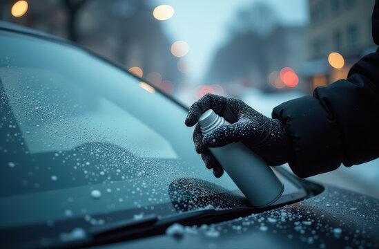 Gloved hand spraying deicer on icy car windshield in winter street scene