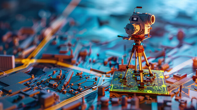 A futuristic surveying camera mounted on a circuit board in a vibrant digital cityscape, showcasing advanced technology and innovation during twilight hours
