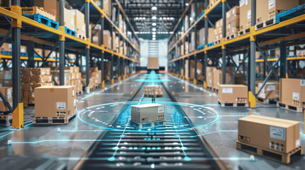 Automated sorting system in a modern warehouse with packages organized on racks, showcasing advanced logistics technology during daylight hours