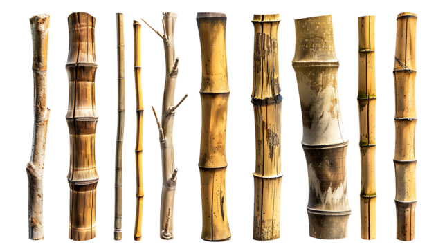 Set of bamboo trunks in various heights and thicknesses, with smooth, segmented surfaces, isolated on white