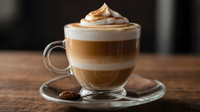 Caf&eacute; con leche caliente en una taza transparente
