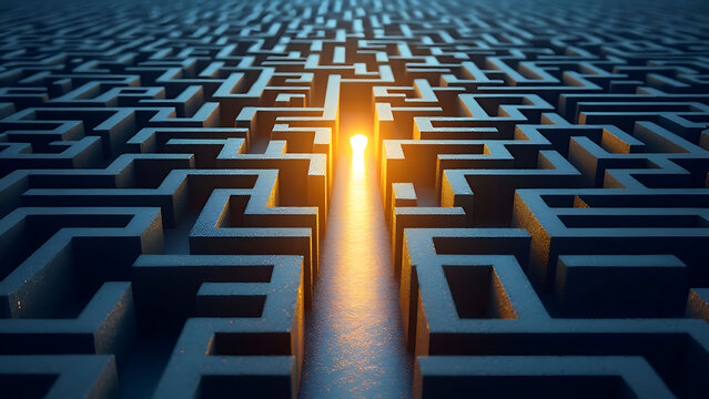 A maze with a single clear path leading to a light, symbolizing strategic direction.