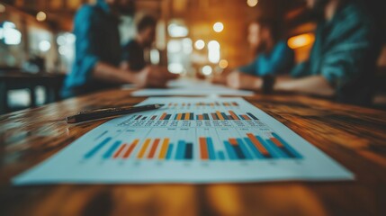 Collaborative business meeting with focus on financial graphs and charts in a professional setting with warm lighting and blurred background elements