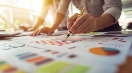 Business team analyzing financial charts with pen in hand, discussing data trends and strategy amidst sunlit office setting for corporate planning