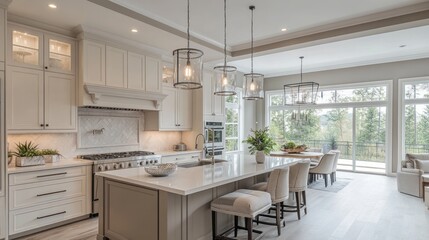 Modern Kitchen with White Cabinets and Island, Open to a View of Greenery Through Large Windows