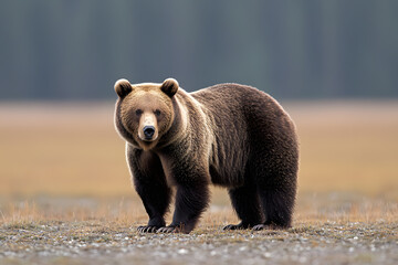 Obraz premium A majestic grizzly bear stands alert in a vast open field, its powerful frame silhouetted against the wild landscape, embodying strength and natural beauty