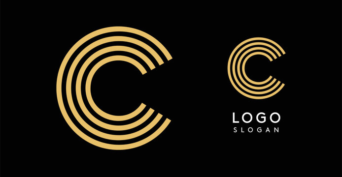 Geometric golden letter C with concentric lines on black background. Sleek sophisticated logo design. Luxury, modernity, elegance logotype for premium branding, corporate identity.Vector illustration.