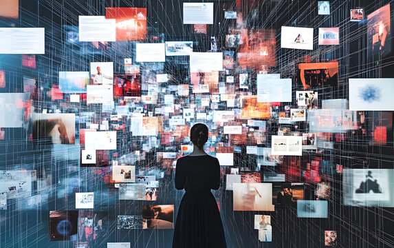 A detailed network of fake news nodes intertwined, highlighting the challenges of media literacy and the spread of misinformation