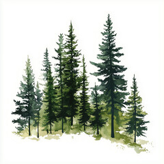 Pine trees on white background. Watercolor illustration