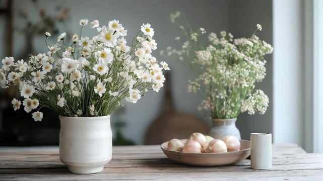 White cosmos flowers swaying in ceramic vase with fresh eggs for spring content. Natural morning light. Visual material for seasonal projects