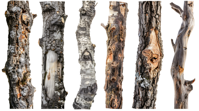 Set of rustic tree trunks with natural bark textures and different diameters, isolated on white, cut out