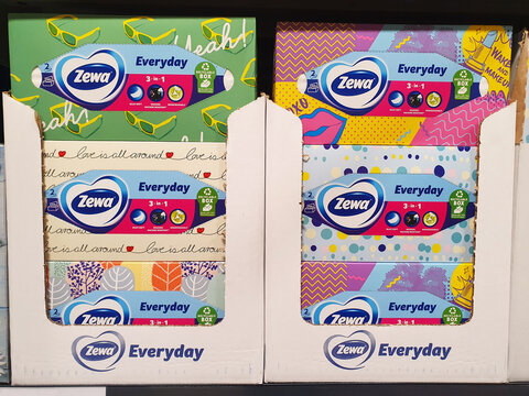 BUCHAREST, ROMANIA - OCTOBER 15, 2024. Zewa Everyday, soft cosmetic tissues, in a store ready to be sold
