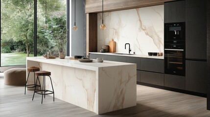 Modern Kitchen with Marble Countertops and Island