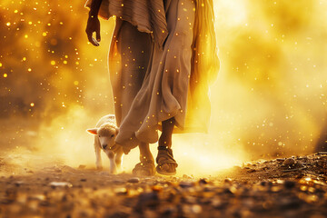 Jesus Christ Walking with One Lost Lamb