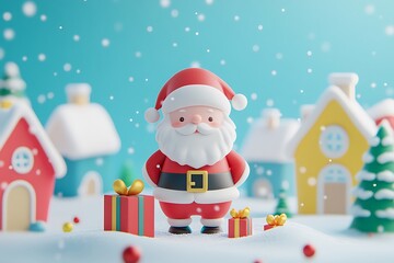 Cartoon santa claus bringing gifts in a snowy christmas village