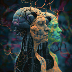 Abstract depiction of two interconnected human heads with neural patterns, mind, consciousness. psychology, interconnectedness, and human nature.Technology, healthcare, or scientific research.   