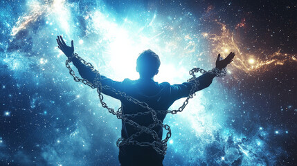 Figure with chains reaching towards cosmic background, symbolizing struggle and hope. contrast of light and dark evokes sense of liberation