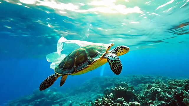 Sea turtle entangled in plastic underwater, illustrating dangers of ocean pollution to marine species
