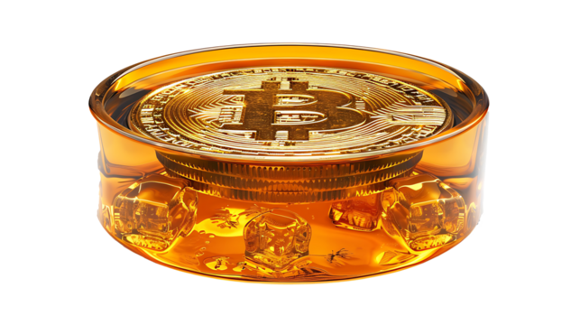 Bitcoin coin submerged in golden liquid with sparkling highlights, symbolic of volatility and value, isolated on white