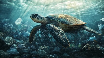 Obraz premium Sea turtle trapped in plastic AR 169