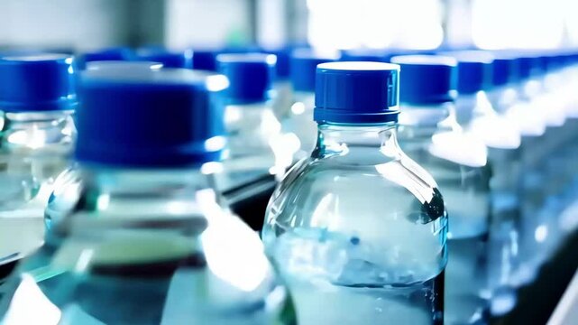 Factory, production, manufacturing. Close-up view of transparent plastic water bottles with blue caps moving steadily on a conveyor belt in a modern factory under soft, diffused lighting