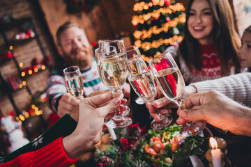 Cropped portrait of big peaceful family clink champagne glass festive christmas time together flat indoors