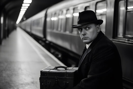 A man stands in the foreground at a 1920s train station, dressed in vintage attire, with steam billowing from a nearby locomotive and a sense of timeless travel in the air