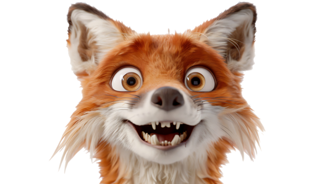 Excited and mischievous fox, with a wide grin and bright eyes, playful expression, isolated on white, cut out 
