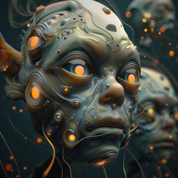 Artificial Intelligence Concept. Alien creature with large eyes, featuring glowing neural wires. Concept of extraterrestrial life and digital connectivity. Futuristic design showcasing sci-fi elements