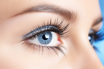 Fototapeta premium Close-up of a Females Striking Blue Eye Highlighting Long Eyelashes, Makeup, and Flawless Skin