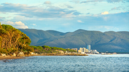 Follonica coast and seafront view from Torre Mozza. Tuscany, Italy