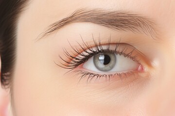Obraz premium Close-up of a Female Eye with Long, Dark Eyelashes, Perfectly Shaped Eyebrows, and Flawless Skin