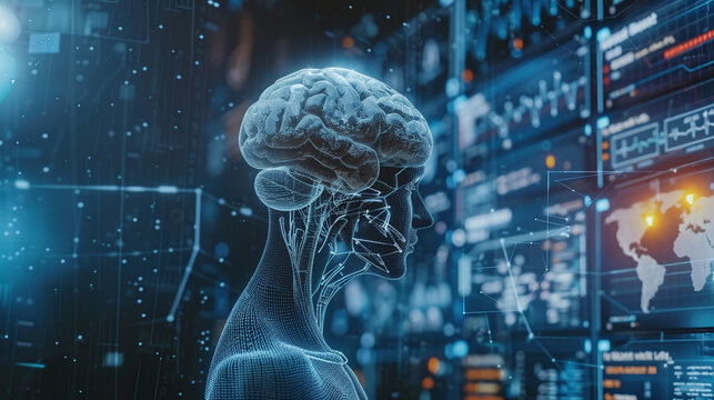 Exploring the connection between technology and cognition through a digital representation of a human brain surrounded by data visualizations