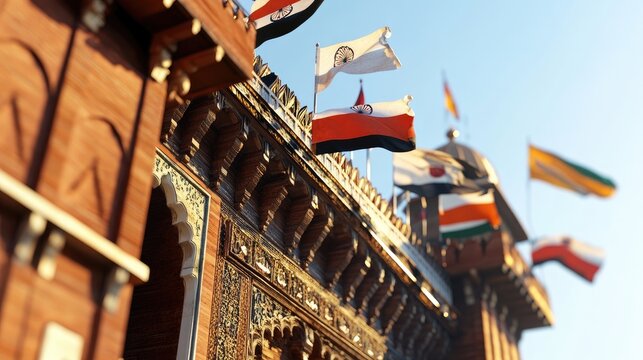 Several flags fly proudly from the top of a richly decorated building, a testament to the diversity and unity of the nation.