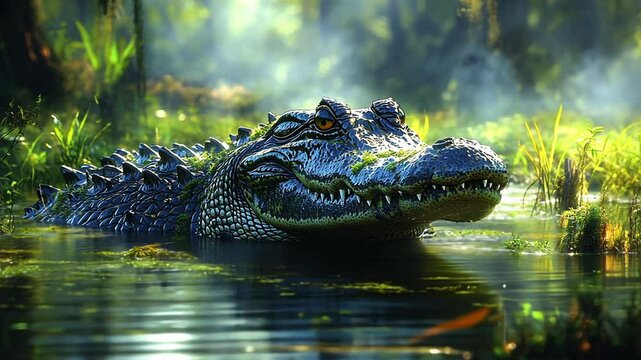An alligator lies in wait in a swamp, its eyes glowing in the morning mist.
