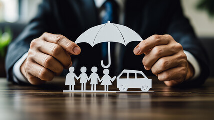 Family insurance concept: A professional holds an umbrella over paper cutouts of a family and a car, symbolizing comprehensive protection and security in family insurance