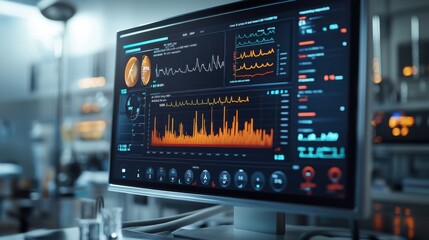 High-Detail Medical Screen Displaying Patient Health Indicators with Colorful Graphs in Clinical Setting, Including Blood Pressure and Glucose Levels