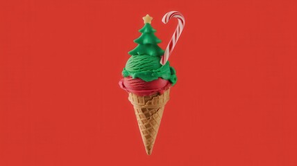 Partially eaten chocolate ice cream cone with Christmas tree decoration