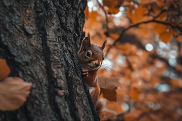 Obraz premium Curious squirrel peeking from behind a tree in autumn forest