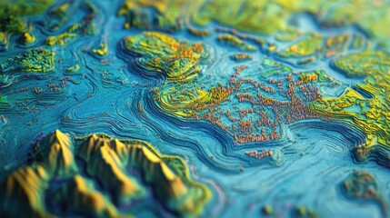 Obraz premium Abstract topographic map with a focus on a coastal area with a mountain range in the background.