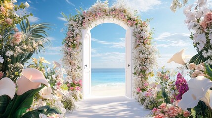 A floral archway leads to a tranquil beach with turquoise waters under a bright blue sky during a sunny day