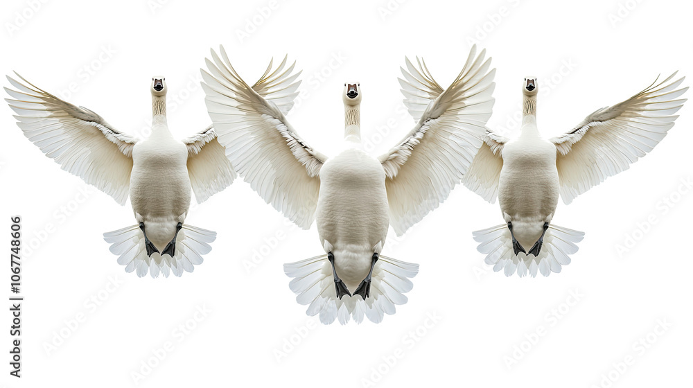 Poster white geese spreading their wings in a dynamic display on a clear day generative ai