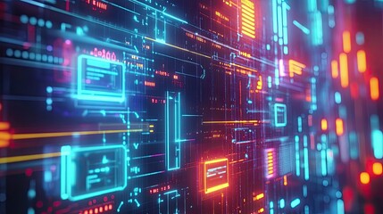 Abstract digital background with glowing blue and orange lines.