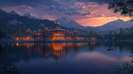 Obraz premium A serene lake reflects the golden glow of a large palace, silhouetted against a backdrop of mountains and a vibrant sunset.